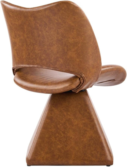 Swivel Dining Chair Upholstered Faux Leather Accent Seat with Curved High Back, Cushioned Foam Padding, Metal and Wood Support, Modern Armless Vanity Desk Chair for Kitchen Island, Dining Room (Brown)