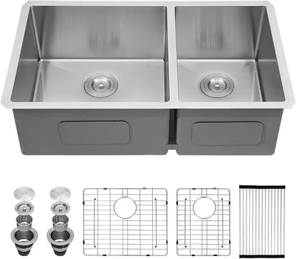 Sarlai 33 Undermount Kitchen Sink Double Bowl - 33x19 Inch Kitchen Sink Undermount 60/40 Stainless Steel 16 Gauge Round Corner Double Basin Under Counter Sinks Basin