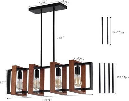 32" Farmhouse Kitchen Island Lighting Adjustable Dining Room Light Fixtures, 4-Light Rustic Wood and Black Metal Rectangular Chandelier Modern Pendant Lighting for Kitchen Island, Cafe