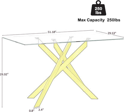 51.2'' Glass Dining Table for 4, Rectangular Dining Room Table for 4, X-Shape Gold Metal Legs, Kitchen Dining Room Living Room Glass Top Kitchen Table for 2