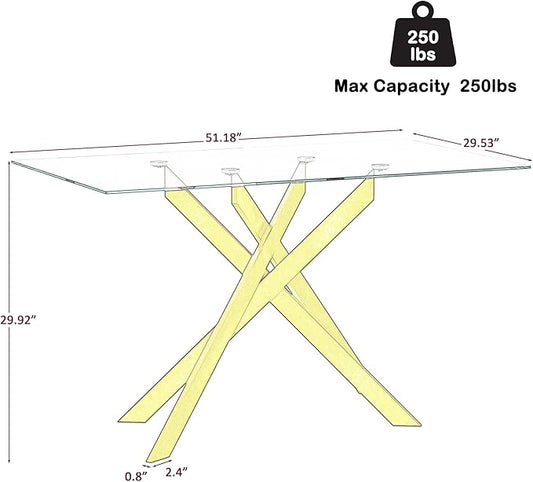 51.2'' Glass Dining Table for 4, Rectangular Dining Room Table for 4, X-Shape Gold Metal Legs, Kitchen Dining Room Living Room Glass Top Kitchen Table for 2