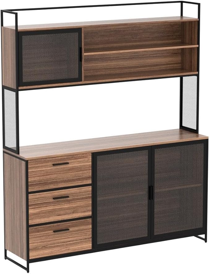 AGOTENI Large Kitchen Hutch Cabinet, Storage Cupboard Pantry with 3 Metal Doors, 3 Drawers & Microwave Shelf, for Kitchen Open Storage, Rustic Brown (59" W x 15.7" D x 68.5" H)