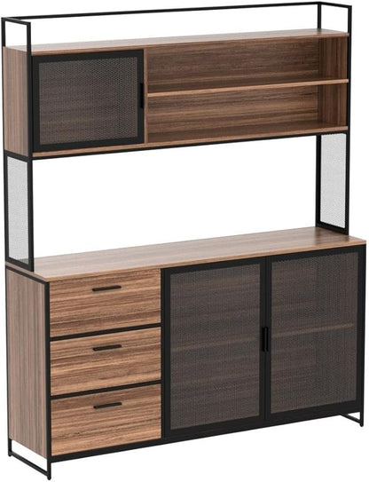 AGOTENI Large Kitchen Hutch Cabinet, Storage Cupboard Pantry with 3 Metal Doors, 3 Drawers & Microwave Shelf, for Kitchen Open Storage, Rustic Brown (59" W x 15.7" D x 68.5" H)