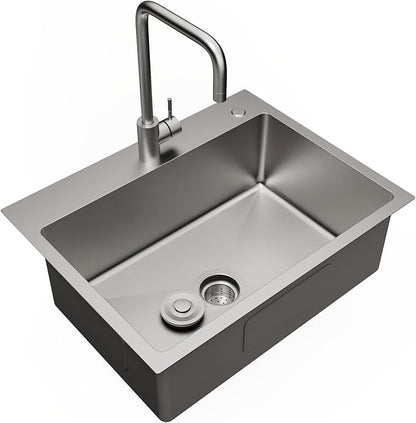 24" x 18" Drop in Kitchen Sink Stainless Steel Single Bowl Kitchen Sink with Drain Kit and Faucet