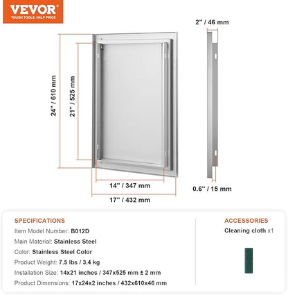 VEVOR BBQ Access Door, 17W x 24H Inch Single Outdoor Kitchen, Stainless Steel Flush Mount, Wall Vertical with Recessed Handle, for BBQ Island, Grilling Station, Outside Cabinet