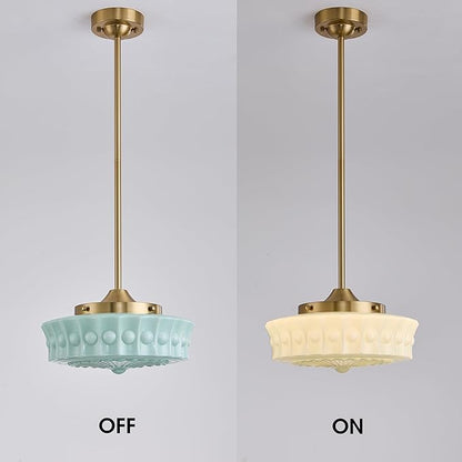 FCTWAKS Schoolhouse Pendant Fixtures, 14" Mid Century Modern Brass Gold Milk Green Glass Pendant Light, Adjustable Height, Vintage Ceiling Hanging Lighting for Dining Room,Hallway,Kitchen Island