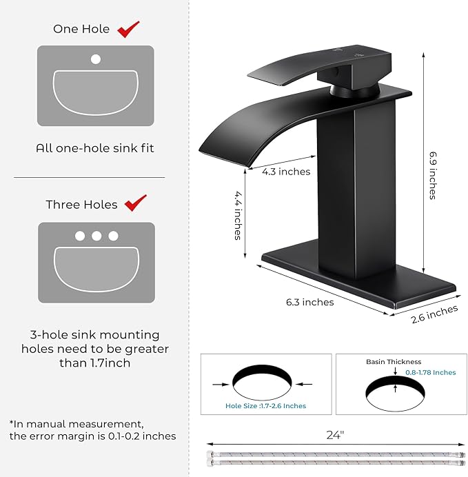 Matte Black Bathroom Faucets, Waterfall Bathroom Sink Faucet Modern Single Handle Bathroom Faucte 1 or 3 Hole, RV Mixer Tap Vanity Faucet - Includes Supply Hoses Deck Plate