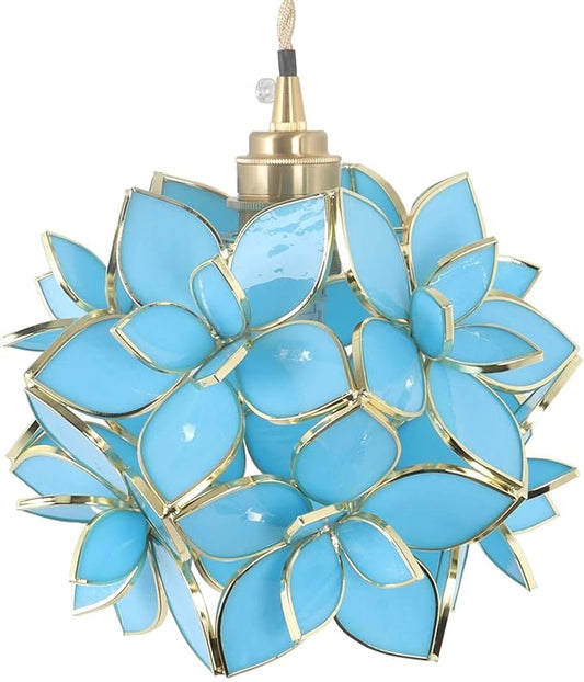 Bieye L11023 Petals Tiffany Style Stained Glass Ceiling Pendant Light for Home Decoration (Sky Blue, 8" Rose Lily)