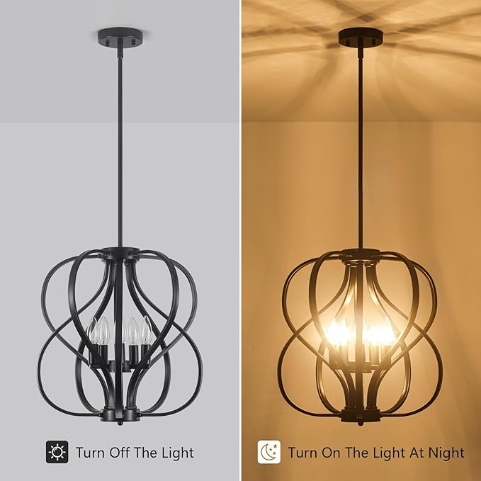 18.5 inch Modern Farmhouse Chandelier for Dining Room, 5-Light Black Chandelier with Metal Cage Adjustable Industrial Drum Hanging Pendant Lights for Kitchen Island Entryway Hallway Bedroom Foyer