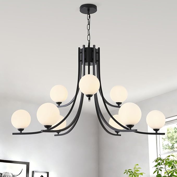 Black Farmhouse Chandelier Modern Sputnik Chandelier for Dining Room Mid Century Chandelier Dining Room Light Fixtures with Withe Glass Globe Shades for Foyer Living Room Kitchen Island