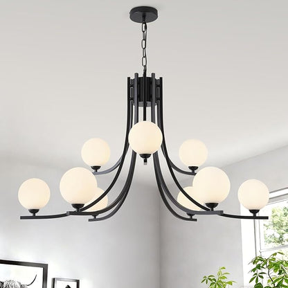 Black Farmhouse Chandelier Modern Sputnik Chandelier for Dining Room Mid Century Chandelier Dining Room Light Fixtures with Withe Glass Globe Shades for Foyer Living Room Kitchen Island