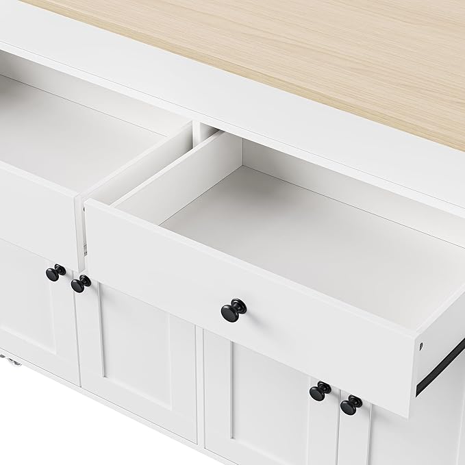 74.5" Kitchen Island with Extendable Dining Table, Rolling Kitchen Storage Island on Wheels with 4 Door Cabinet, 2 Storage Compartment & Spice Rack, Large Mobile Cart for Dining Room