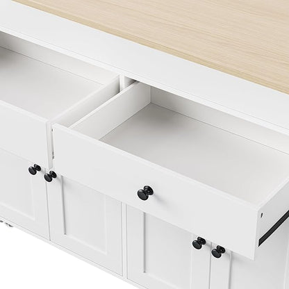74.5" Kitchen Island with Extendable Dining Table, Rolling Kitchen Storage Island on Wheels with 4 Door Cabinet, 2 Storage Compartment & Spice Rack, Large Mobile Cart for Dining Room