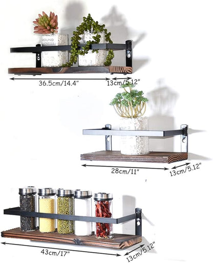 PHUNAYA Floating Shelves Rustic Wood Wall Mounted Shelf Practical Metal Fence Design Ideal for Bedroom, Bathroom, Kitchen Set of 3(Brown)