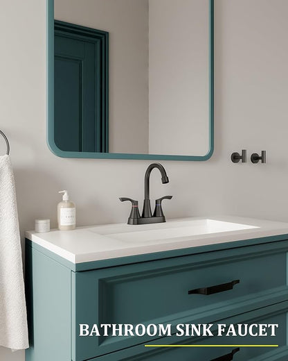 Matte Black Bathroom Faucet 3 Hole, Evolvegoods 4 Inch Stainless Steel Bathroom Sink Faucet, 2 Handle Centerset Faucet for Bathroom Sink Vanity, with Pop Up Drain and 2 Supply Hoses
