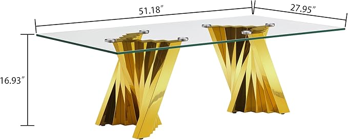 Henf Gold Glass Coffee Table with Mirrored Stainless Steel Base, 51" Rectangle Modern Living Room Cocktail Table for Home Office