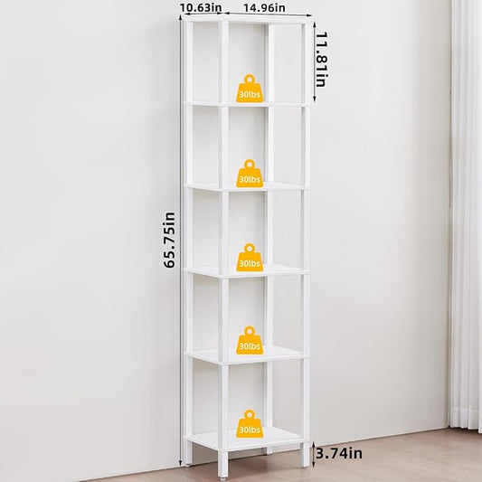 YUFAM 66in Tall Bookshelf 6-Tier Small Narrow Bookcase, Skinny Book Shelf for Small Space, Farmhouse Slim Shelf with Storage, Wood Freestanding Display Thin Bookshelves for Living Room, Office, White