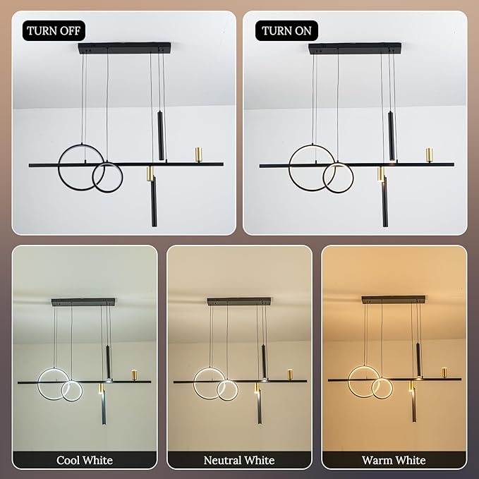 Modern Black LED Dining Room Light Fixture with Remote Control, 47" 36W 3-Color Temp Stepless Dimmable Island Pendant Lights, Hanging Adjustable Linear Chandelier for Kitchen Bar