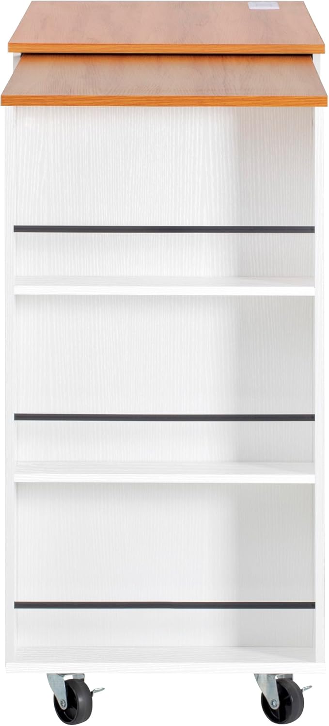 85.5" Kitchen Island with Extendable Dining Table & Power Outlet, Rolling Cart with 3 Drawers, 2 Doors & 3 Open Shelves, Mobile Storage Table for Kitchen and Dining Room (85.5"+White+Natural)
