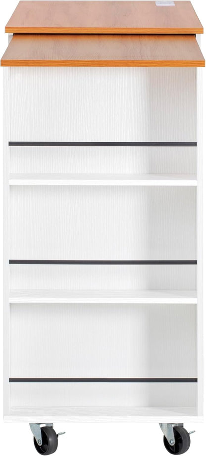 85.5" Kitchen Island with Extendable Dining Table & Power Outlet, Rolling Cart with 3 Drawers, 2 Doors & 3 Open Shelves, Mobile Storage Table for Kitchen and Dining Room (85.5"+White+Natural)