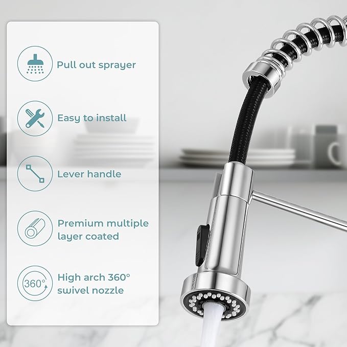 Kitchen Faucet with Pull Down Sprayer,Commercial Single Handle Stainless Steel Kitchen Faucets with Deck Plate (Chrome)