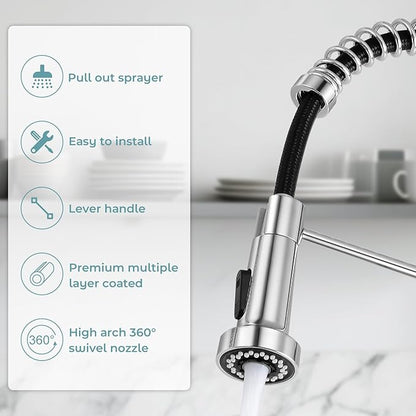 Kitchen Faucet with Pull Down Sprayer,Commercial Single Handle Stainless Steel Kitchen Faucets with Deck Plate (Chrome)