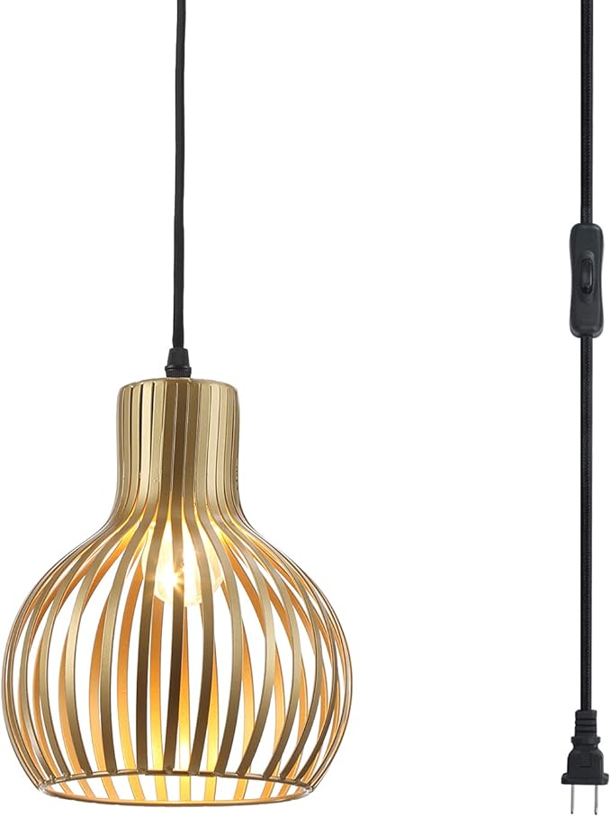 Plug in Pendant Hanging Light,Industrial Gold Metal Vintage Hanging Lamp Fixture with 14.3 FT Cord and ON/Off Switch for Kitchen Lighting,Bedroom,Living Room