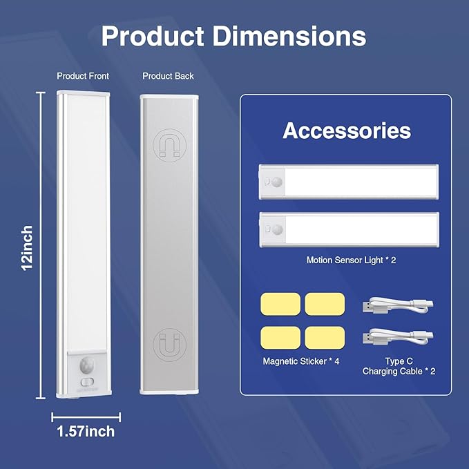 Onforu Under Cabinet Lighting, 54 LED Motion Sensor Light, Dimmable & 3 Color Temperature Closet Lights, 1500mAh USB Rechargeable Battery Operated, Magnetic Under Counter Lights for Kitchen 12inch