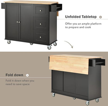 GOWE Rolling Mobile Kitchen Island with Solid Wood Top and Locking Wheels,52.7 Inch Width,Storage Cabinet and Drop Leaf Breakfast Bar,Spice Rack, Towel Rack & Drawer (Black)