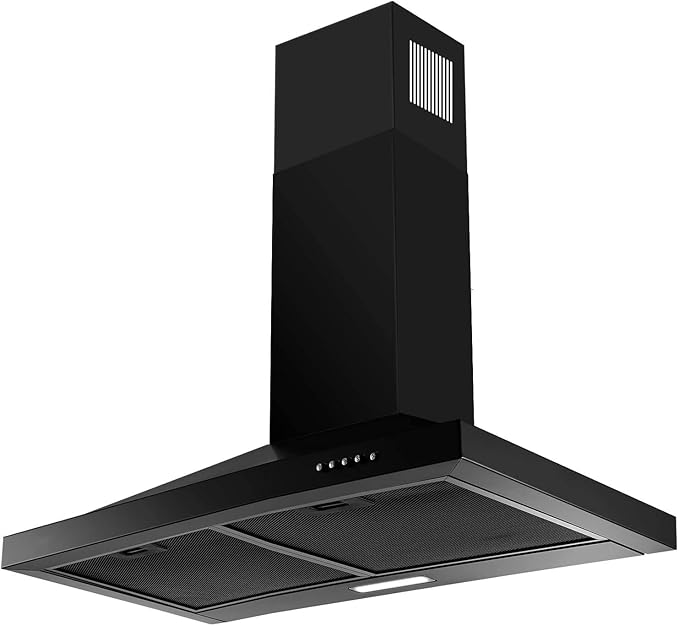 SNDOAS 24 inch Range Hood Black,Stainless Steel Chimney-Style Kitchen Hood, Ductless Stove Hood Vent with Energy Saving LED Light,Wall Mount Vent Hood, Push Button 3-Speed Exhaust Fan