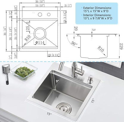 15 Inch Bar Sink Drop In Workstation-VASOYO 15x15 Small Kitchen Sink Drop In Topmount 16 Gauge Stainless Steel Bar Prep Sinks Outdoor Rv Kitchen Sinks Single Bowl Island Basin with Cutting Board