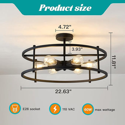 hesoge Large Semi Flush Mount Ceiling Light Fixture Black Cage Ceiling Light 6 Light Chandelier for Kitchen Dining Room Entryway Living Room Bedroom Foyer