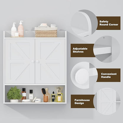 EasyCom 22" W x 26" H Bathroom Wall Cabinet, Farmhouse Medicine Cabinet with Adjustable Shelves and 2 Barn Doors, Over The Toilet Storage Cabinet for Bathroom,Kitchen,Living Room,White