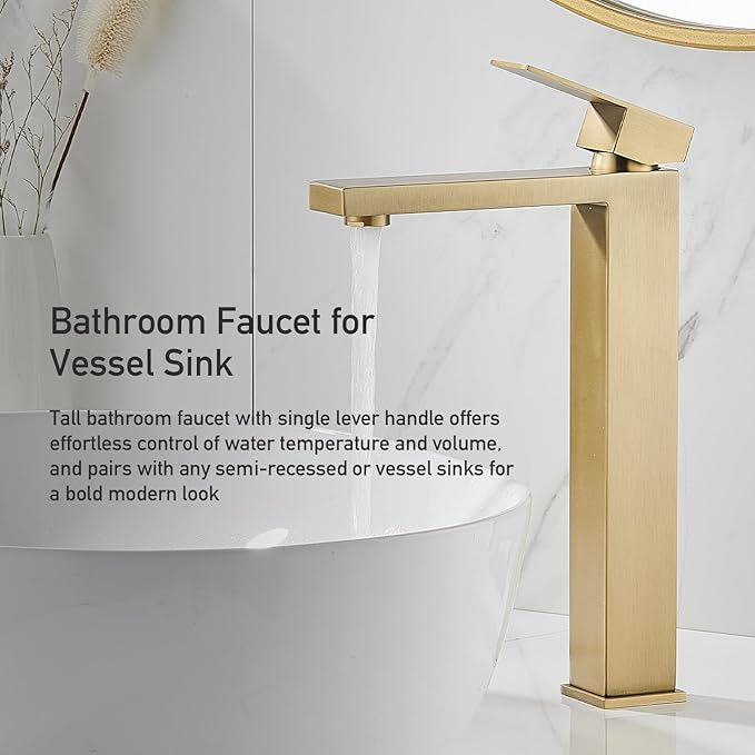 AVSIILE Brushed Gold Vessel Sink Faucet, 1 Hole Single Handle Tall Bathroom Vanity Faucets, Modern Utility Rv Laundry Bath Restroom Mixer Tap with Metal Pop Up Drain and 2 Water Supply Lines