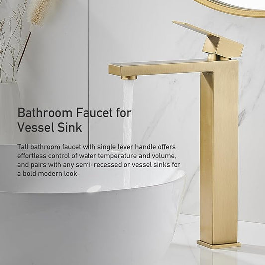 AVSIILE Brushed Gold Vessel Sink Faucet, 1 Hole Single Handle Tall Bathroom Vanity Faucets, Modern Utility Rv Laundry Bath Restroom Mixer Tap with Metal Pop Up Drain and 2 Water Supply Lines