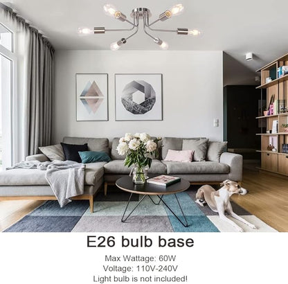 Modern Sputnik Chandelier 6 Light Semi Flush Mount Ceiling Lighting Cotemporary Industrial Brushed Nickel Ceiling Fixture for Bedroom, Hallway, Kitchen, Bar