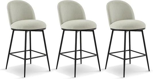 26" Counter Height Swivel Bar Stools Set of 3, Upholstered Linen Fabric Barstools with Backs and Metal Legs for Kitchen Island,Grey