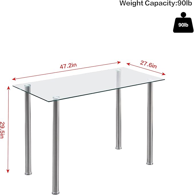 Glass Dining Table for 4, Modern 47" Clear Table with Chrome Silver Legs and Tempered Glass top for Kitchen, Small Space