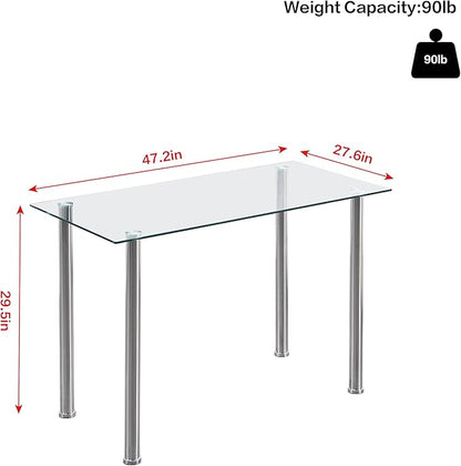 Glass Dining Table for 4, Modern 47" Clear Table with Chrome Silver Legs and Tempered Glass top for Kitchen, Small Space