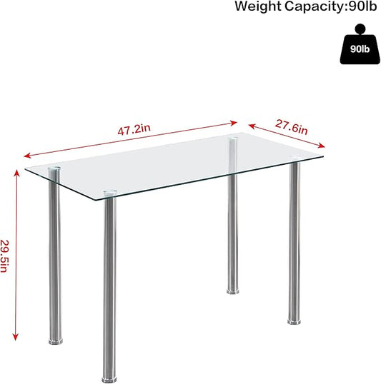 Glass Dining Table for 4, Modern 47" Clear Table with Chrome Silver Legs and Tempered Glass top for Kitchen, Small Space