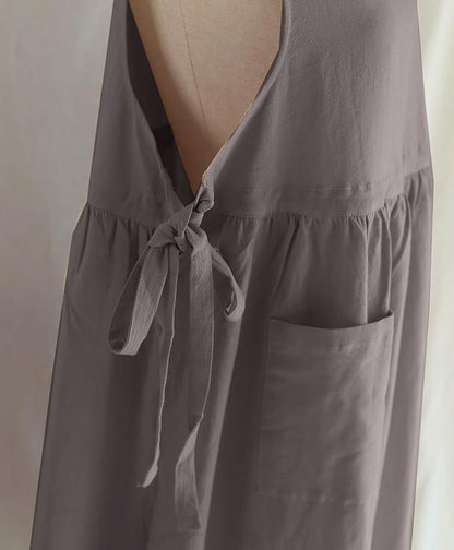 Women Plus Size Cotton Linen Vintage Pleated Split Apron Pinafore Dress with Two Pockets