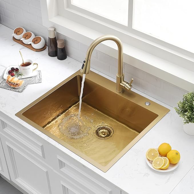 Stainless Steel Gold Kitchen Sink, 25x22 Drop in Kitchen Sink Single Bowl Outdoor Brushed Gold Topmount 16 Gauge Utility RV 10 Inch Deep Basin