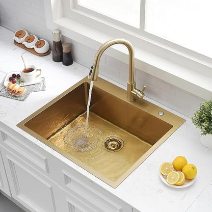 Stainless Steel Gold Kitchen Sink, 25x22 Drop in Kitchen Sink Single Bowl Outdoor Brushed Gold Topmount 16 Gauge Utility RV 10 Inch Deep Basin
