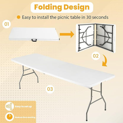 FDW 6FT Folding Table, Portable Fold-in-Half Plastic Picnic Party Table with Carrying Handle (White