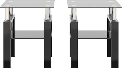 Set of 2 Glass End Table, Glass Side Table with Tempered Glass Top & Metal Legs, Living Room Table Modern Tea Table Side Tables 2-Layer for Living Room