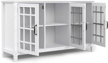 SIMPLIHOME Connaught Storage Cabinet - 60 inch Wide Solid Wood Buffet in White, Traditional Sideboard for Dining Room, Entryway, or Living Room with Glass Doors, Adjustable Shelves, and Notched Legs