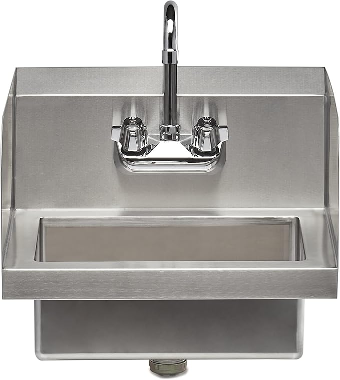 Rockpoint 304 Stainless Steel Handmake Sink for Washing with Faucet and Side Splash, Commercial Wall Mount Hand Basin for Restaurant, Kitchen and Home, 17 x 15 Inches, Silver
