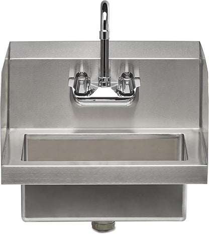 Rockpoint 304 Stainless Steel Handmake Sink for Washing with Faucet and Side Splash, Commercial Wall Mount Hand Basin for Restaurant, Kitchen and Home, 17 x 15 Inches, Silver