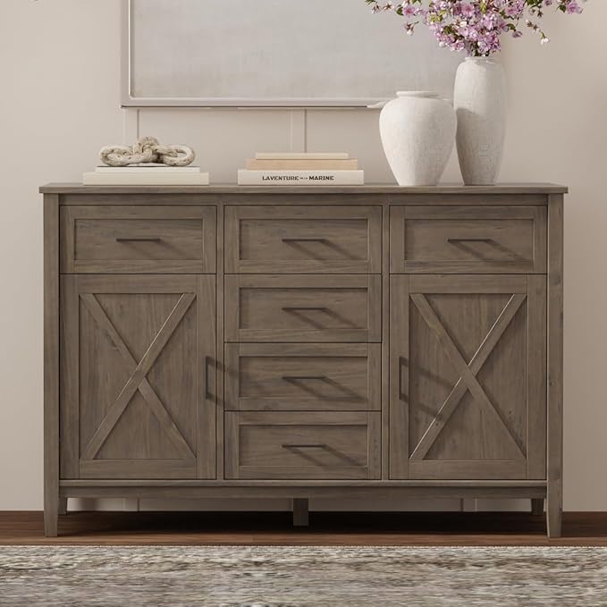 SIMPLIHOME Ela Buffet - 54 inch Wide Solid Wood 3-Door Sideboard Buffet in Smoky Brown, Transitional Storage Cabinet for Dining Room or Kitchen with Adjustable Shelves and Brushed Metal Hardware