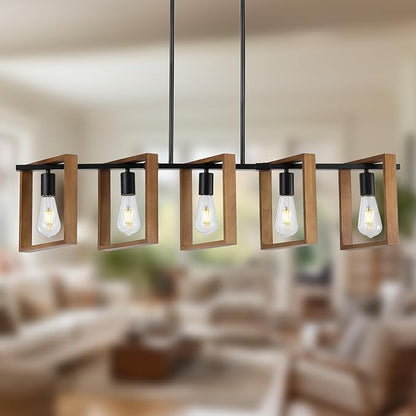 9MMML 41.5" Kitchen Island Lighting,5 Lights Dining Room Light Fixtures, Rustic Farmhouse Height Adjustable Wood Chandeliers for Kitchen, Pool Table Lights, Black Body+Wood Frame,E26.